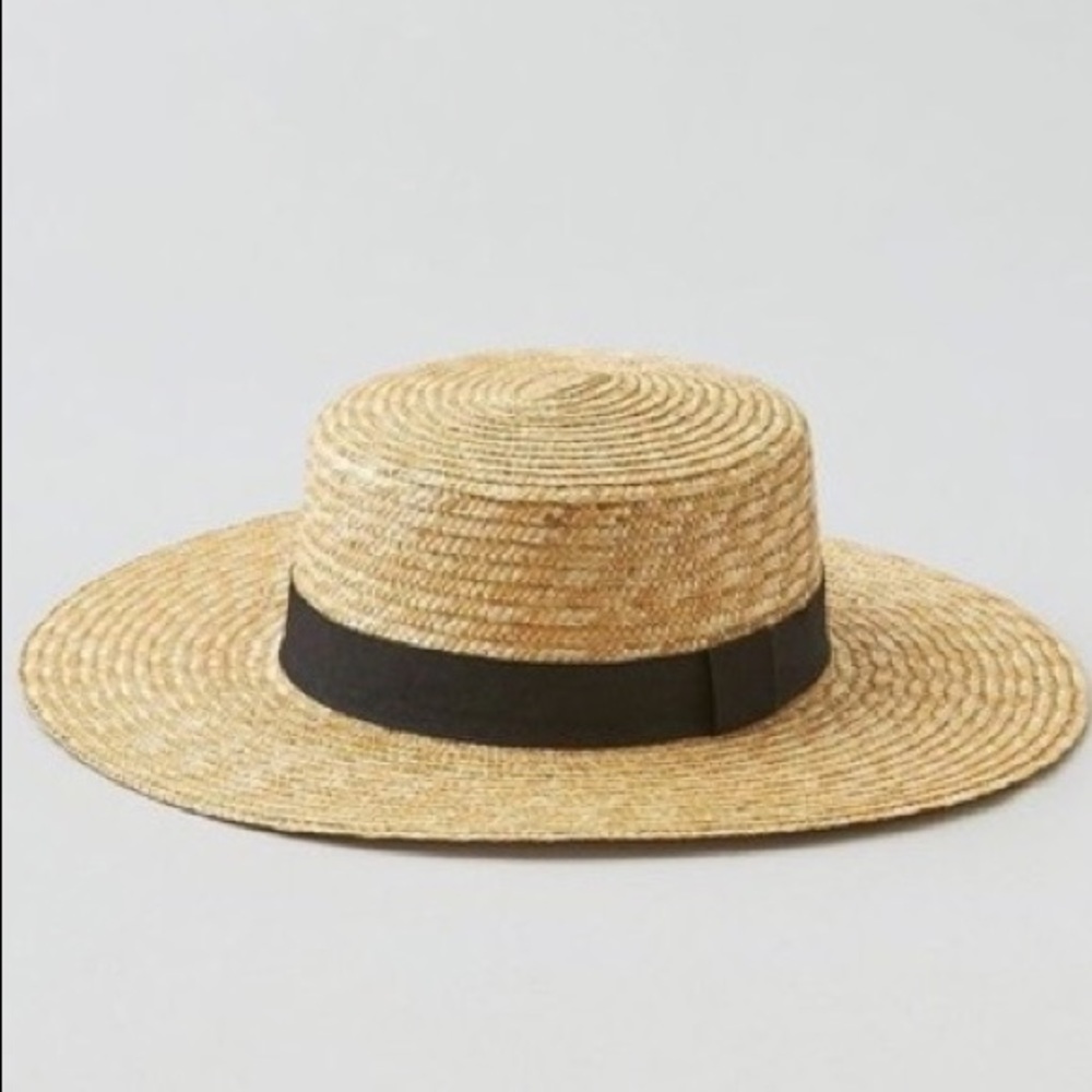 American Eagle Outfitters Natural Straw Boater Hat with Black Band